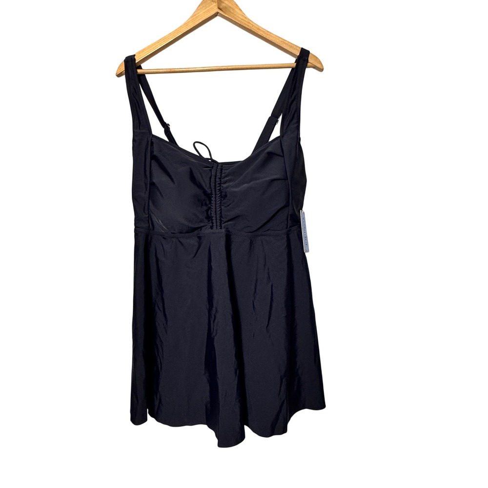 Yonique Black Swim Dress Tankini Top Plus Size 20W Ruched Bust Adjustable Straps
